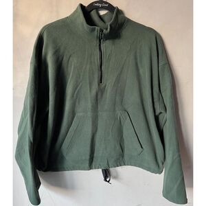 Pink Cropped fleece sweater top‎ dark army green collared kangaroo pocket Large